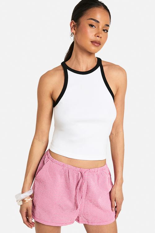 Rib contrast binding racer neck vest top - white