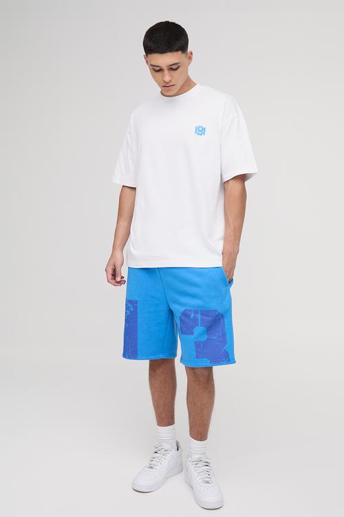 Oversized Embroidered T-shirt And Short Set - White & Blue 