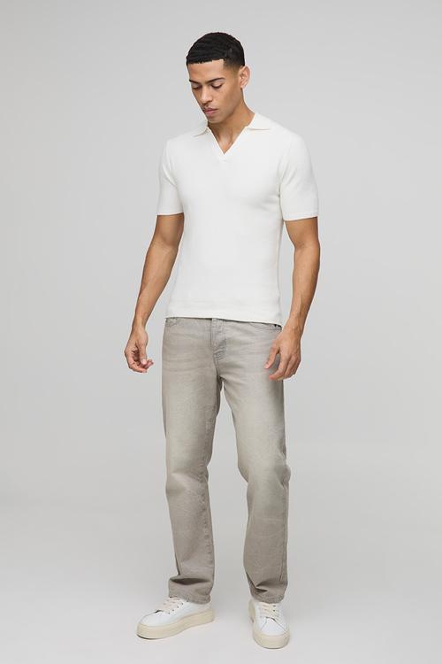 Muscle Fit Revere Collar Knitted Polo - Ecru