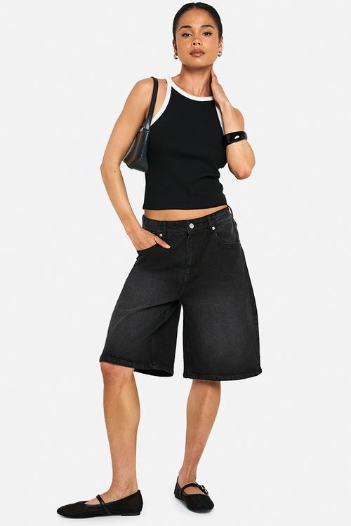 Rib contrast binding racer neck vest top - black