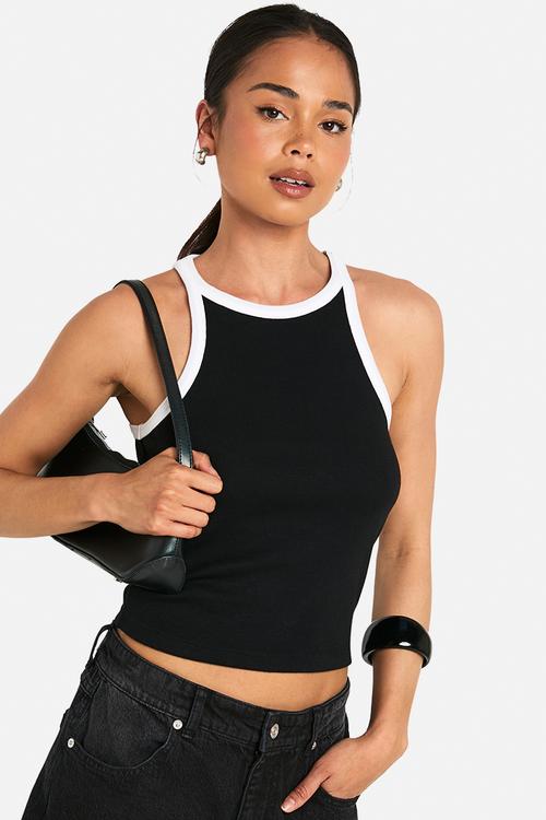 Rib contrast binding racer neck vest top - black