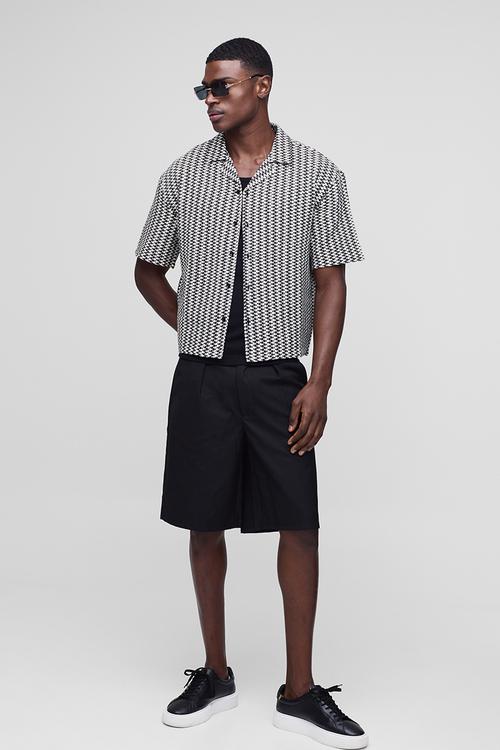 Oversized Boxy Zig Zag Stripe Open Weave Revere Shirt - black