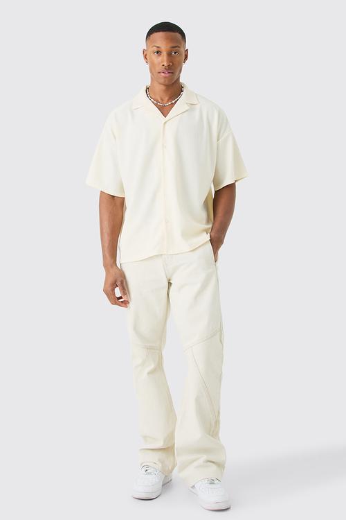 Short Sleeve Oversized Ribbed Shirt - Ecru