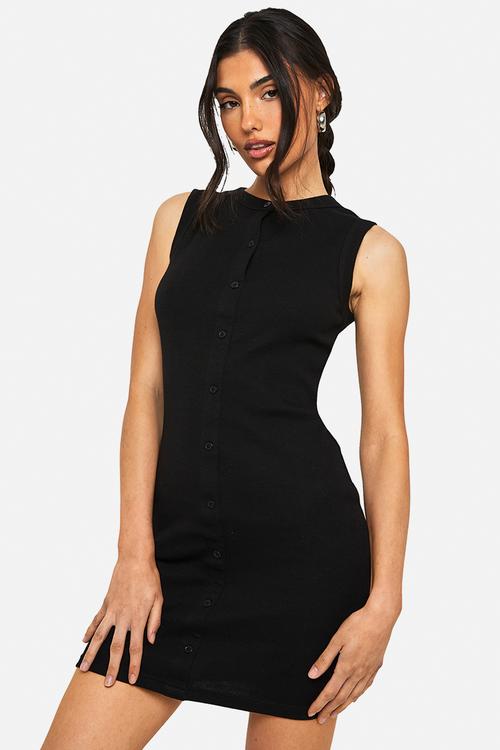 Rib button down shift dress - black