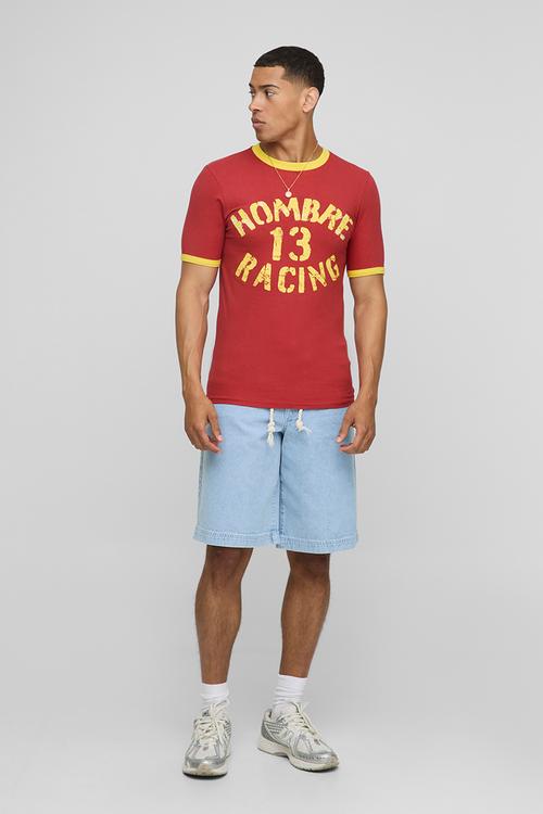 Muscle Fit Hombre Racing Ringer T-Shirt - Red