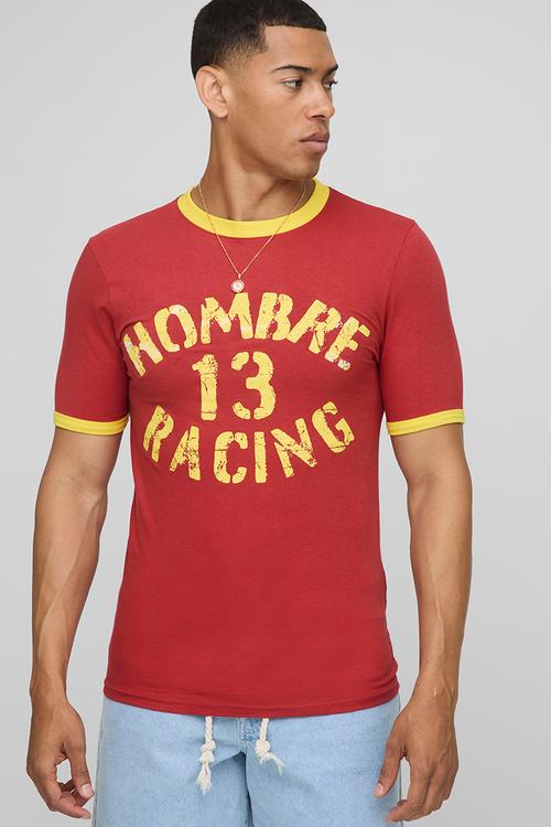 Muscle Fit Hombre Racing Ringer T-Shirt - Red