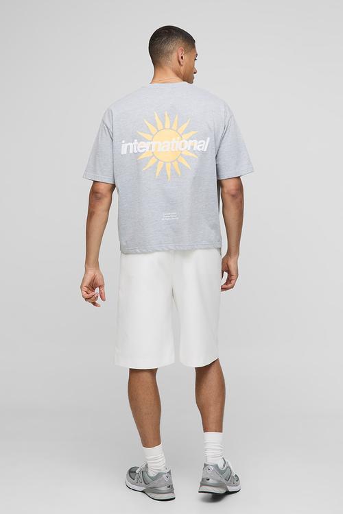 Oversized Boxy International Sun Slogan Print T-shirt - Grey Marl