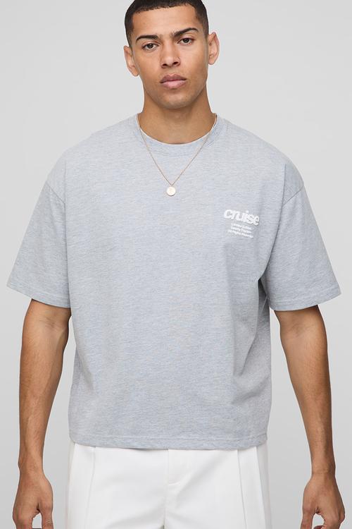 Oversized Boxy International Sun Slogan Print T-shirt - Grey Marl