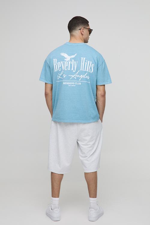 Oversized Beverly Hills Bird Graphic Washed T-shirt - Blue
