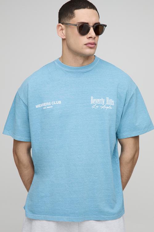 Oversized Beverly Hills Bird Graphic Washed T-shirt - Blue