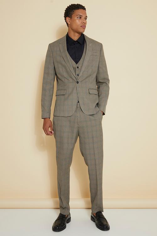 Slim Single Breasted Check Suit Jacket - Brown
