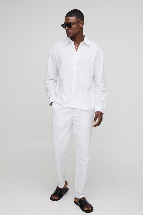 Oversized Long Sleeve Collared Linen Blend Shirt - White