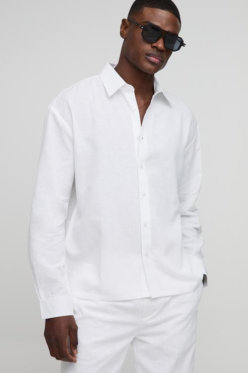 Oversized Long Sleeve Collared Linen Blend Shirt - White