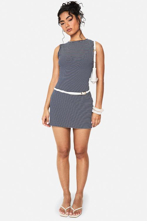 Stripe sleeveless a-line mini dress - navy