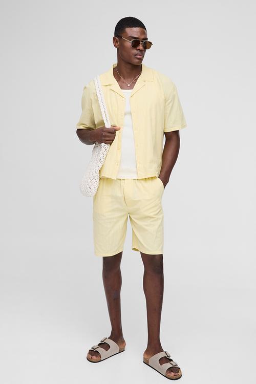 Oversized Revere Linen Blend Short Sleeve Shirt - Yellow
