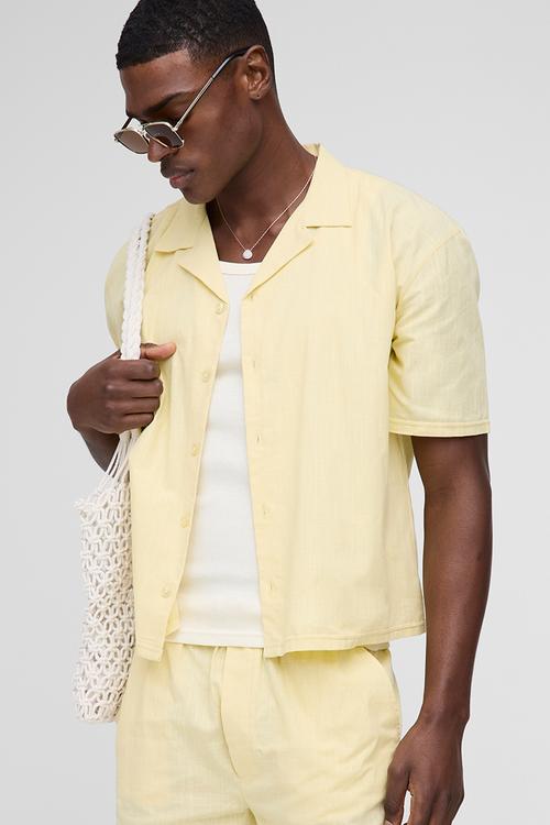 Oversized Revere Linen Blend Short Sleeve Shirt - Yellow