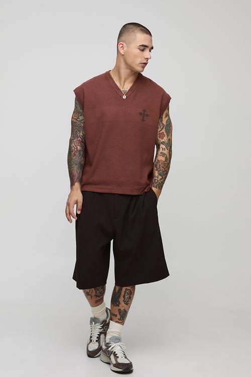 Oversized Boxy Cross Jacquard Knitted Vest - Burgundy