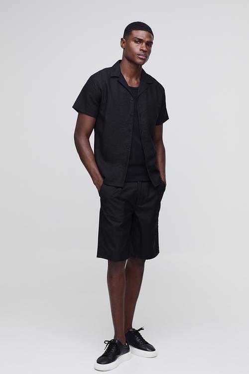 Regular Fit Revere Linen Blend Short Sleeve Shirt - black
