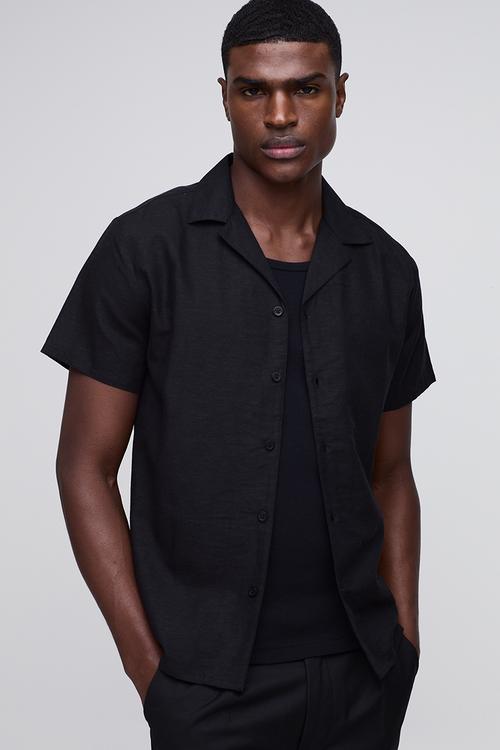 Regular Fit Revere Linen Blend Short Sleeve Shirt - black