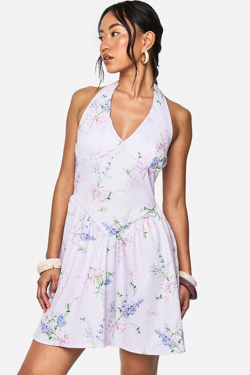 Floral bengaline plunge mini dress - lilac
