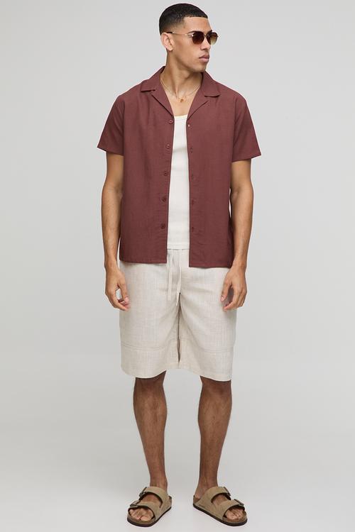 Regular Fit Revere Linen Blend Short Sleeve Shirt - Chocolate