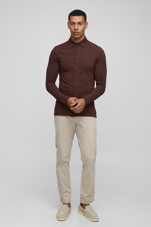 Stretch Muscle Fit Jersey Long Sleeve Shirt - Chocolate