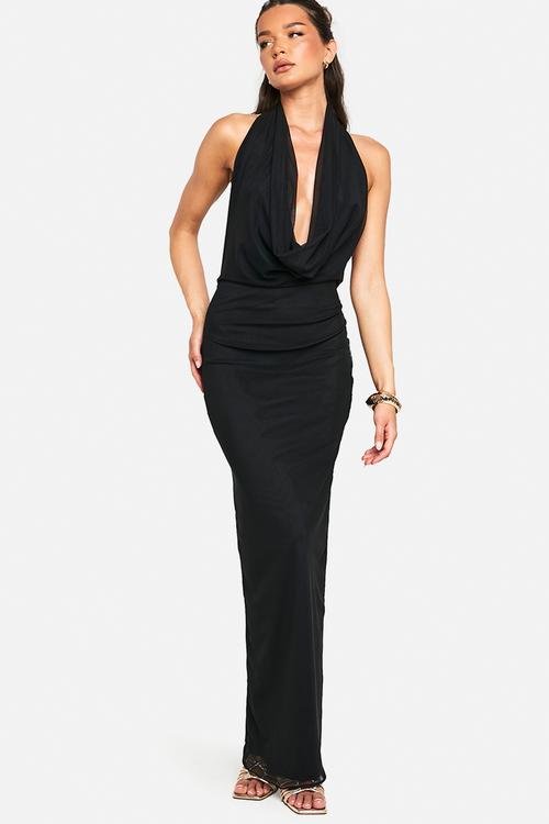 Cowl neck mesh maxi dress - black