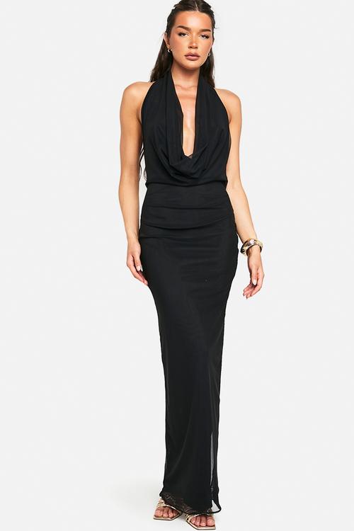 Cowl neck mesh maxi dress - black
