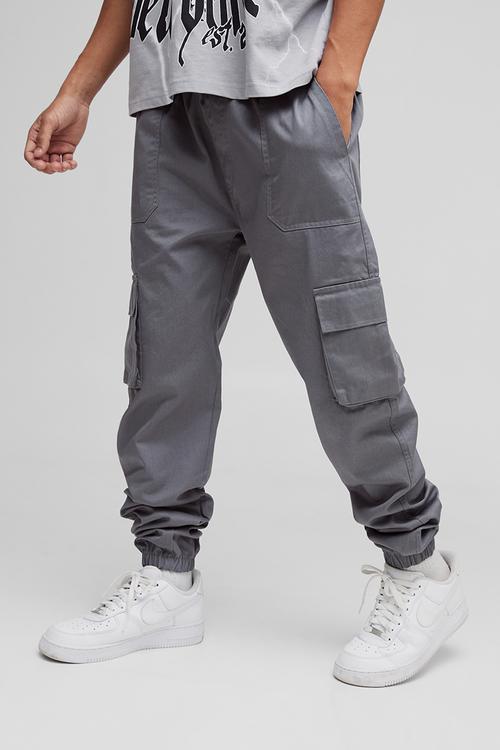 Skinny Fit Elasticated Waist Cuffed Cargo Trousers - Charcoal