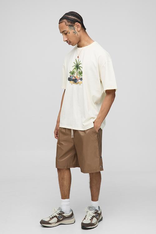 Elasticated Waist Relaxed Fit Nylon Popper Detail Shorts - Taupe