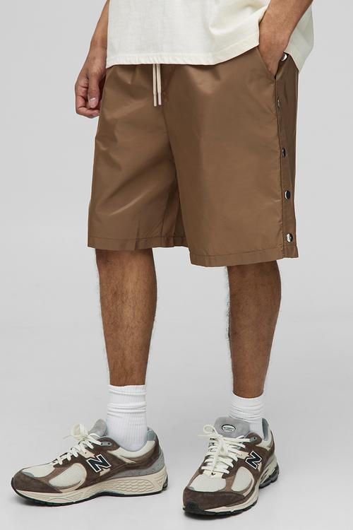 Elasticated Waist Relaxed Fit Nylon Popper Detail Shorts - Taupe