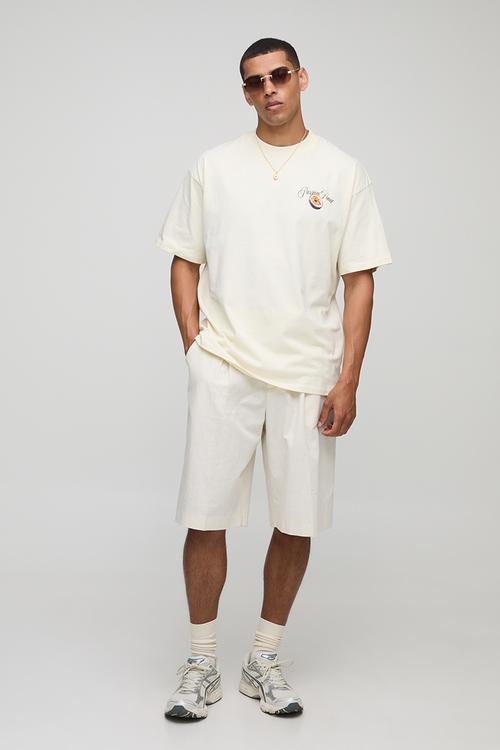 Ecru Oversized Extended Neck Passionfruit Printed T-Shirt - Ecru