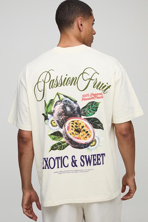 Ecru Oversized Extended Neck Passionfruit Printed T-Shirt - Ecru