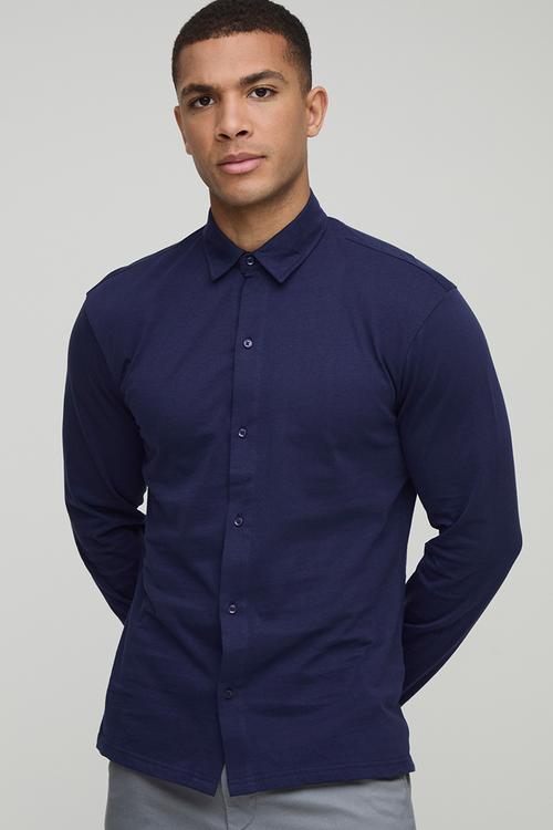 Slim Fit Jersey Long Sleeve Shirt - Navy