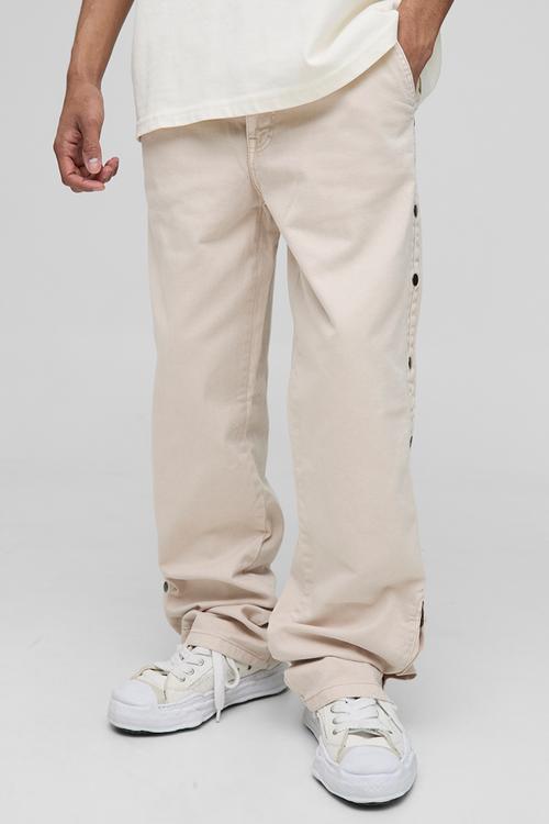 Relaxed Fit Overdyed Twill Popper Hem Trousers - Stone