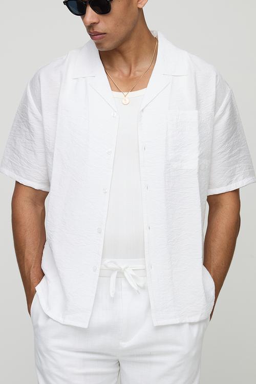 Oversized Half Sleeve Crinkle Viscose Shirt - White