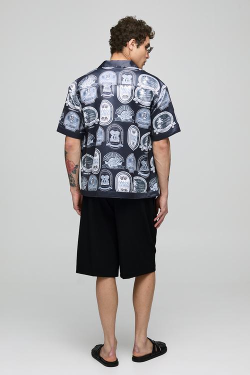 Oversized Short Sleeve Border Print Satin Shirt - navy