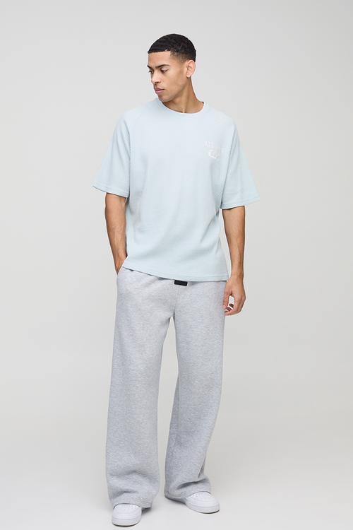Oversized Raglan Waffle Print T-Shirt - Blue