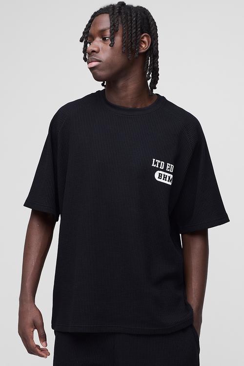Oversized Raglan Waffle Print T-Shirt - black