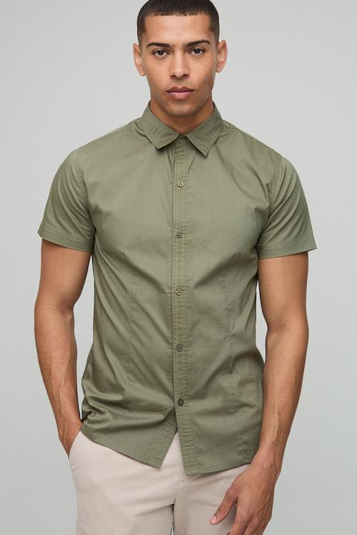 Stretch Fit Basic Short Sleeve Collared Shirt - Khaki