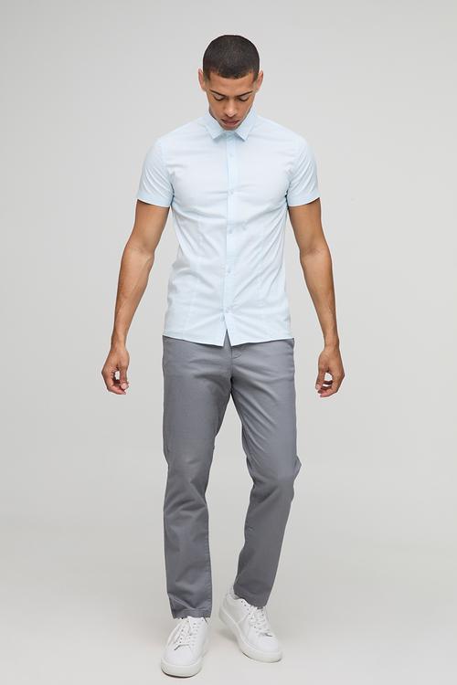 Stretch Fit Basic Short Sleeve Collared Shirt - Light Blue
