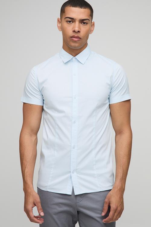 Stretch Fit Basic Short Sleeve Collared Shirt - Light Blue