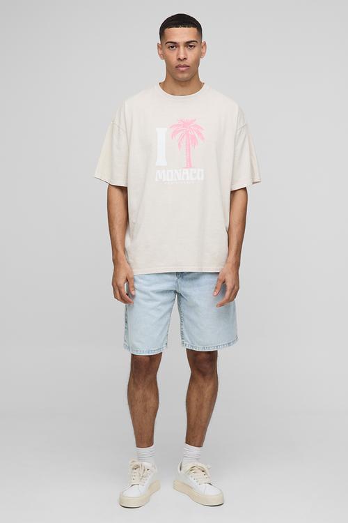 Oversized Monaco Palm Tree Washed Printed T-Shirt - Stone