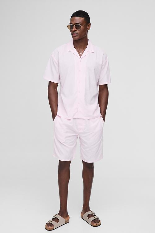Oversized Revere Linen Short Sleeve Shirt - Baby Pink
