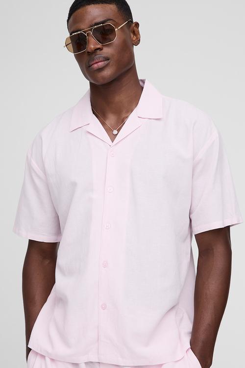 Oversized Revere Linen Short Sleeve Shirt - Baby Pink