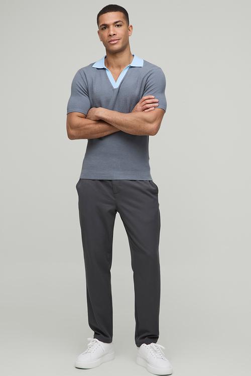 Muscle Fit Contrast Collar Knitted Polo - Slate Blue