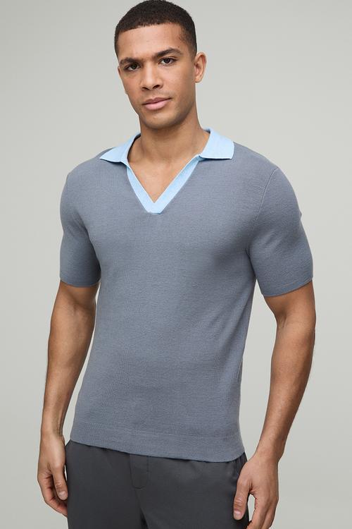 Muscle Fit Contrast Collar Knitted Polo - Slate Blue
