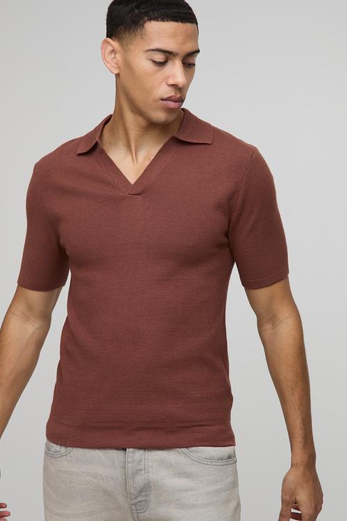 Muscle Fit Revere Collar Knitted Polo - Dark Red