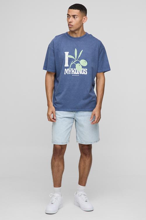 Oversized Mykonos Washed Printed T-Shirt - Navy