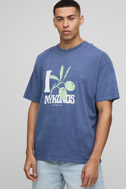 Oversized Mykonos Washed Printed T-Shirt - Navy